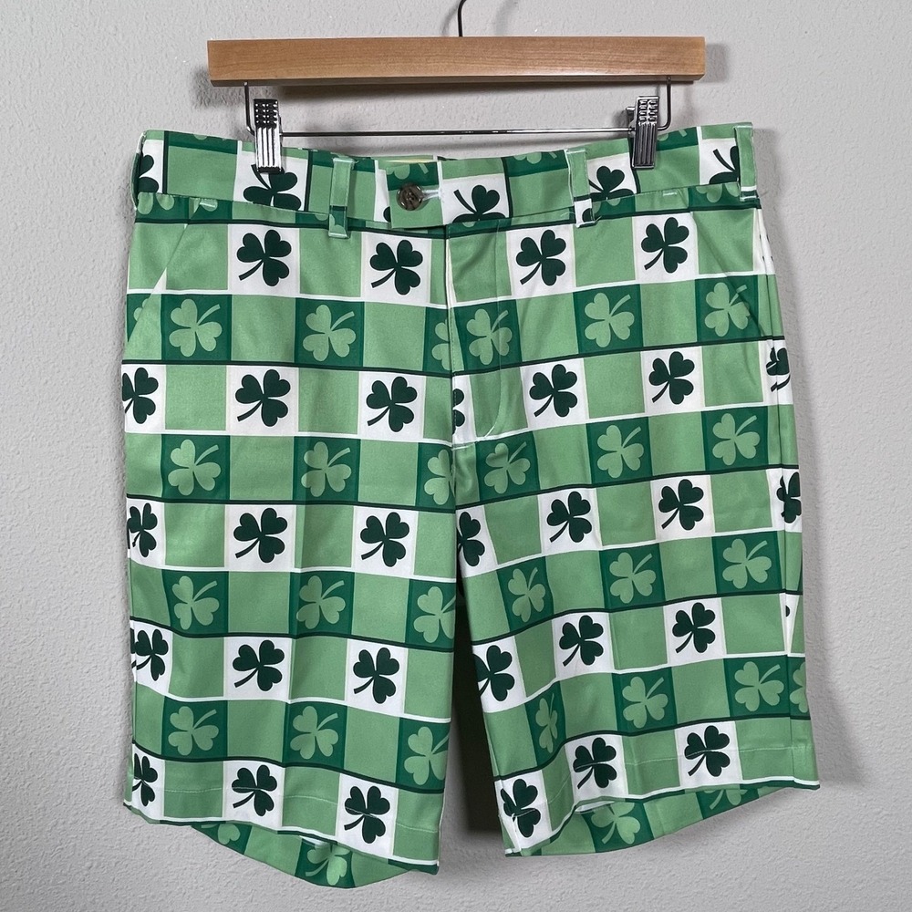 Loudmouth Shamrock Golf Shorts Men 34 Green Checkered Lucky St Patricks Day Logo